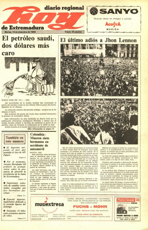 Del 69 al 83. Fueron los años con esta cabecera que aparece en la portada de la muerte de John Lennon en 1980. :: hoy