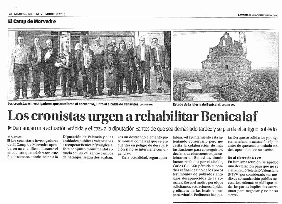 TROBADA DE CRONISTES I INVESTIGADORS DEL CAMP DE MORVEDRE A BENAVITES