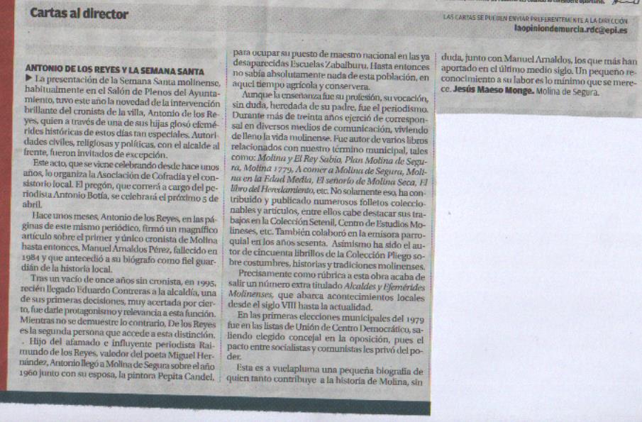 CARTAS AL DIRECTOR: ANTONIO DE LOS REYES, CRONISTA OFICIAL DE MOLINA DE SEGURA (MURCIA) Y LA SEMANA SANTA