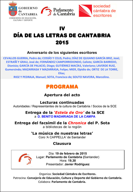 BENITO MADARIAGA DE LA CAMPA, CRONISTA OFICIAL DE SANTANDER, ESTELA DE ORO DE LAS LETRAS DE CANTABRIA 2015 POR SU EXTENSA OBRA INVESTIGADORA Y LARGA TRAYECTORIA COMO ESCRITOR