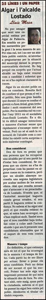 25 ´LÍNIES I UN PAPER: «QUÈ PASSA A ALGAR?»
