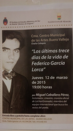 LA INTENSA ACTIVIDAD CULTURAL DEL INSTITUTO DE ESTUDIOS HISTÓRICOS DEL SUR DE MADRID LLEVA AL CRONISTA OFICIAL DE LÁCHAR (GRANADA) E HISTORIADOR MIGUEL CABALLERO, EXPERTO EN LA FIGURA Y VIDA DE GARCIA LORCA A IMPARTIR MAÑANA UNA CONFERENCIA SOBRE “LAS TRECE ÚLTIMAS HORAS DE FEDERICO”