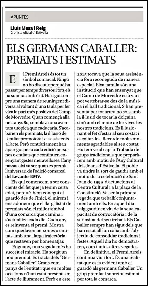 ARTICLE D’OPINIÓ DEDICAT AL PREMI ARRELS 2015: «ELS GERMANS CABALLER»