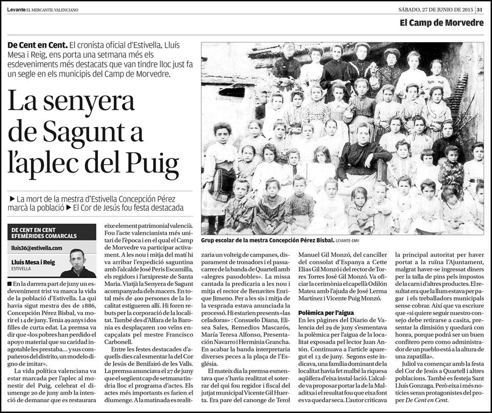 DE CENT EN CENT: LA SENYERA DE SAGUNT A L’APLEC DEL PUIG I MORT DE LA MESTRA D’ESTIVELLA CONCEPCIÓN PÉREZ BISBAL