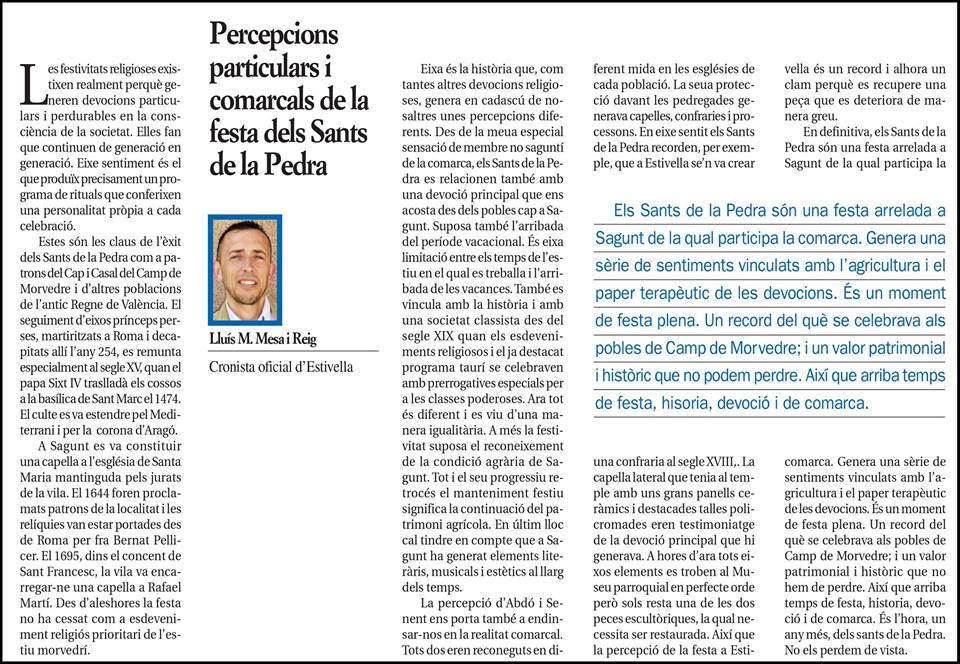 REFLEXIONS AL VOLTANT DE LA FESTA DELS SANTS DE LA PEDRA AL CAMP DE MORVEDRE