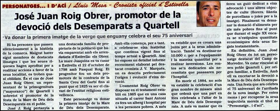 JUAN JOSÉ ROIG OBRER, PROMOTOR DE LA DEVOCIÓ DELS DESEMPARATS A QUARTELL