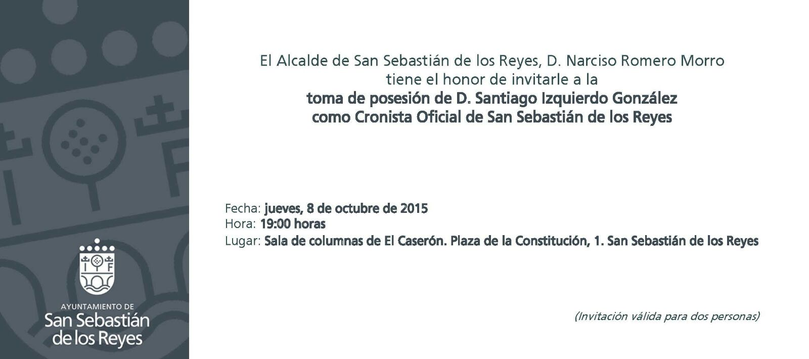 TOMA DE POSESIÓN DE SU CARGO COMO CRONISTA OFICIAL DE SAN SEBASTIAN DE LOS REYES (MADRID) DE SANTIAGO IZQUIERDO GONZALEZ