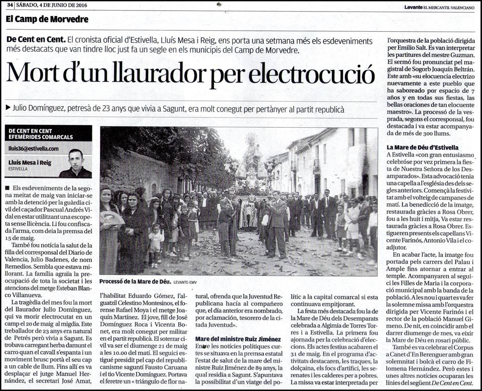 EL CENTENARI DE LA RESTAURACIÓ DE LA TALLA DE LA MARE DE DÉU DESEMPARATS D’ESTIVELLA (ESTA SETMANA AMB EL TÍTOL ADULTERAT PER L’EDICIÓ COMARCAL DEL DIARI)