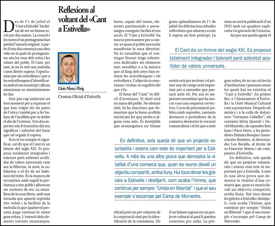 REFLEXIONS AL VOLTANT DEL «CANT A ESTIVELLA»