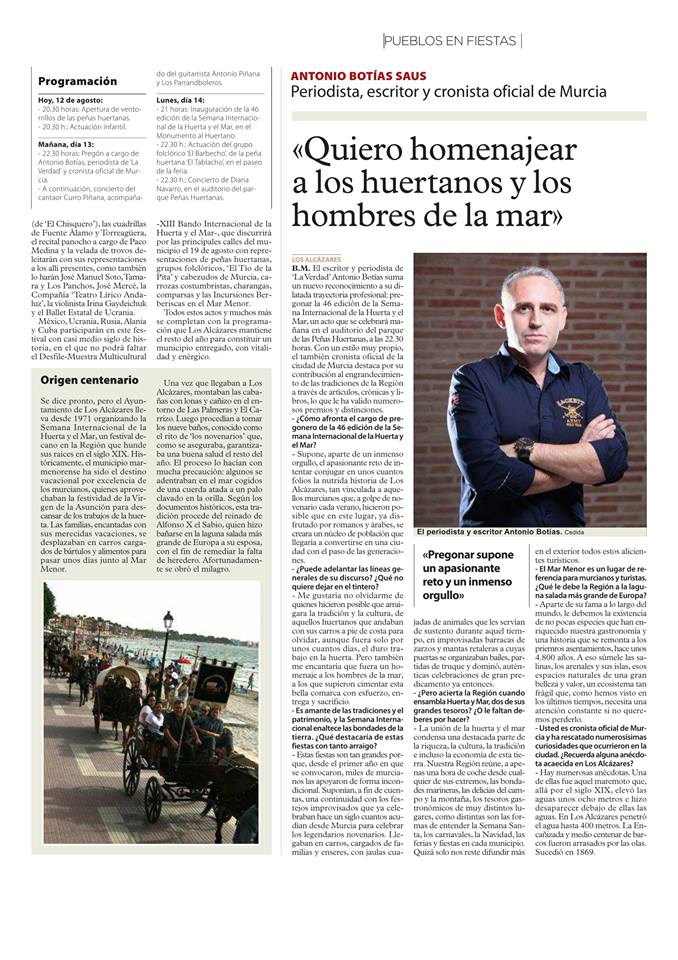 ANTONIO BOTÍAS SAUS, ESCRITOR, PERIODISTA Y CRONISTA OFICIAL DE MURCIA: “QUIERO HOMENAJEAR A LOS HERTANOS Y A LOS HOMBRES DEL MAR”