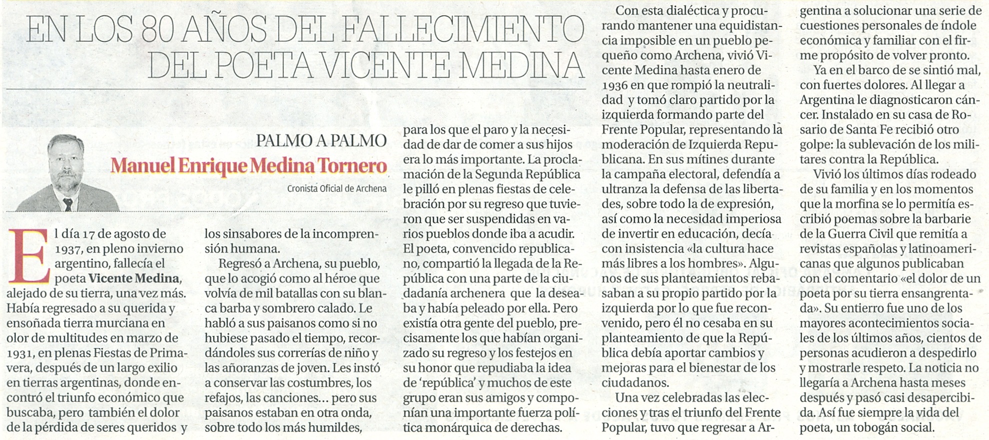 EN LOS 80 AÑOS DEL FALLECIMIENTO DEL POETA VICENTE MEDINA