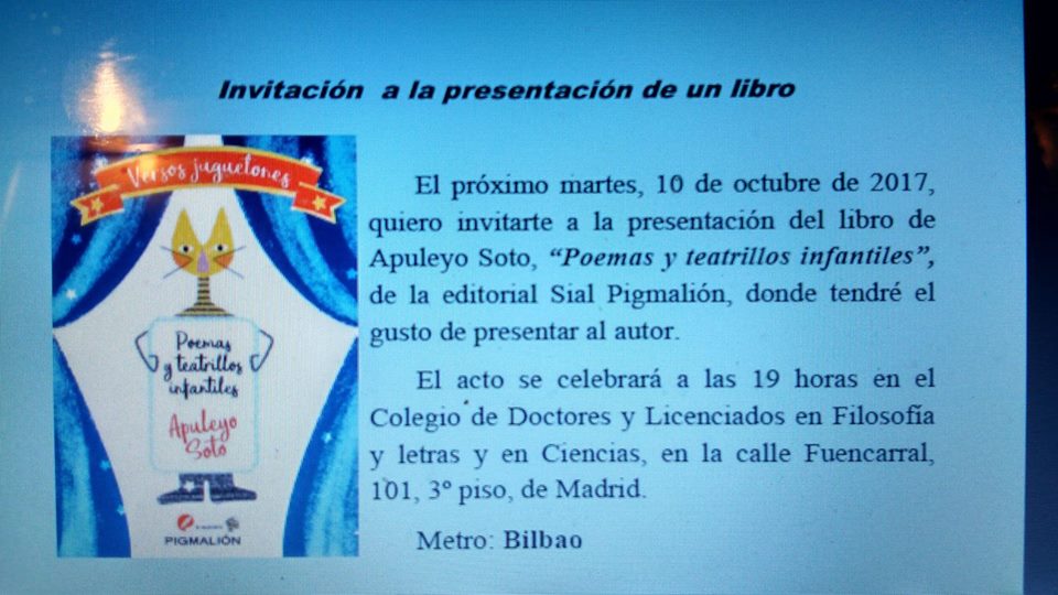 PRESENTACIÓN DEL LIBRO DE APULEYO SOTO, CRONISTA OFICIAL DE BRAOJOS DE LA SIERRA Y LA ACEBEDA (MADRID): ‘POEMAS Y TEATRILLOS INFANTILES’