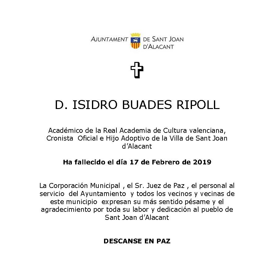 FALLECIMIENTO DE ISIDRO BUADES RIPOLL, CRONISTA OFICIAL DE SAN JUAN DE ALICANTE