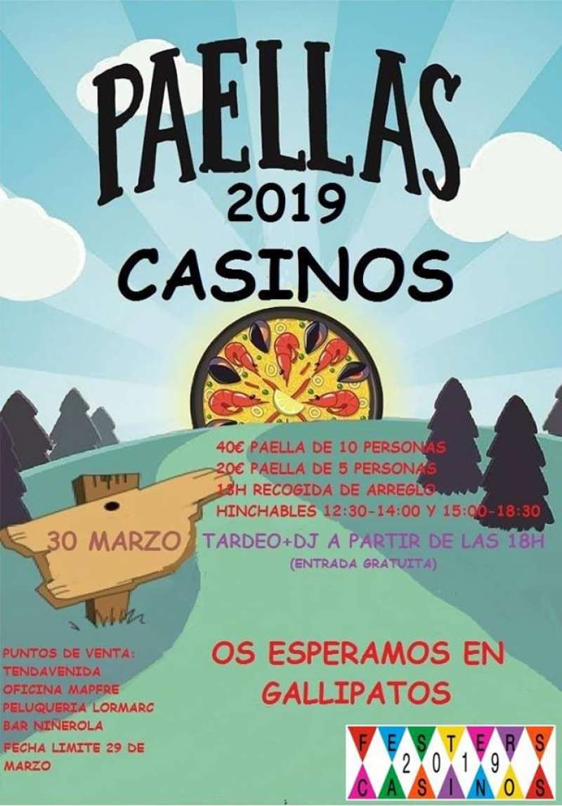 ELS FESTERS DE CASINOS PREPARAN PARA EL DÍA 30 DE MARZO EL DÍA DE LAS PAELLAS 2019 • HABRÁ TAMBIÉN HINCHABLES PARA LOS MÁS PEQUEÑOS Y DISCOMÓVIL POR LA TARDE