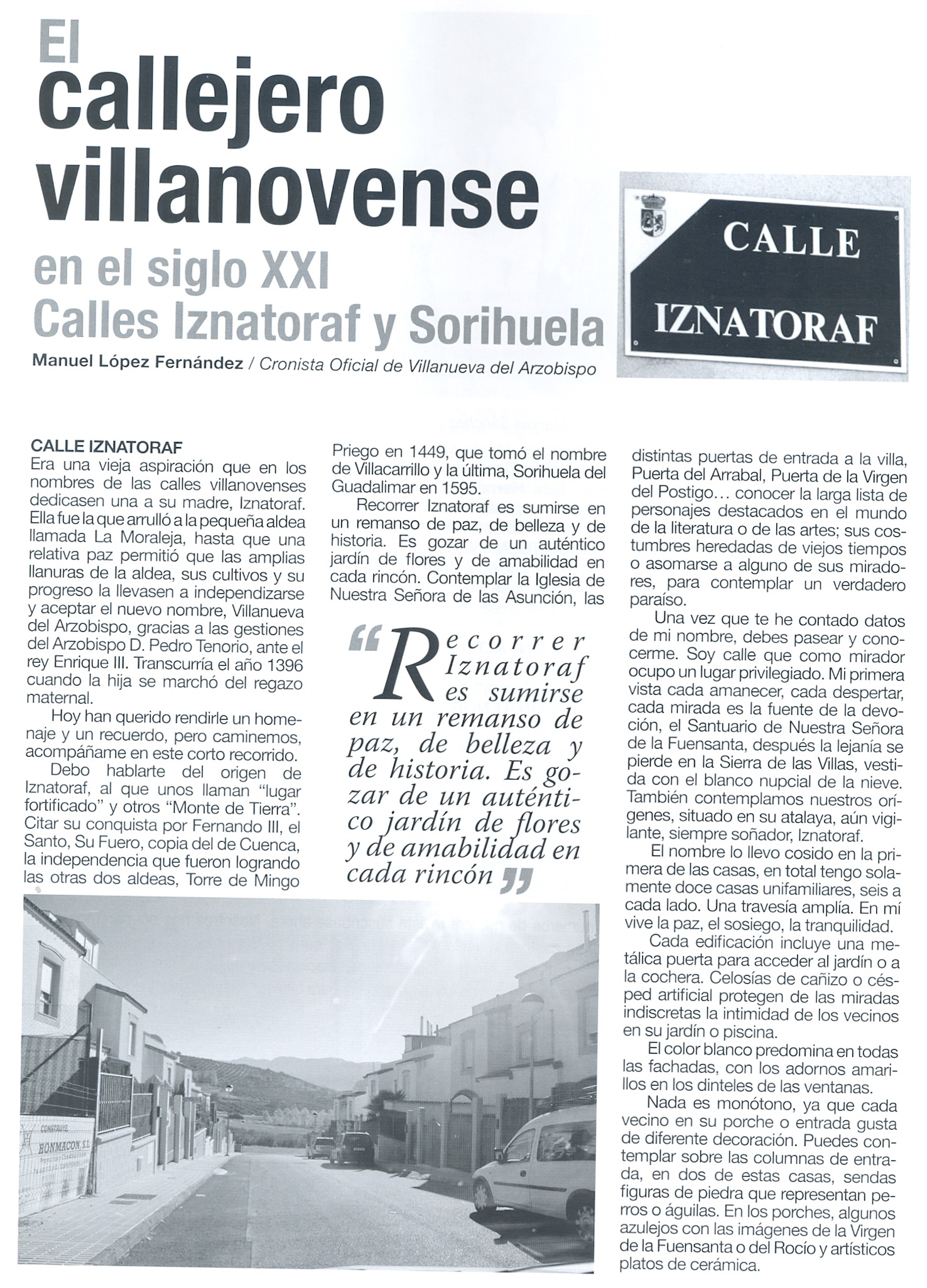 EL CALLEJERO VILLANOVENSE EN EL SIGLO XXI. CALLES IZNATORAF Y SORIHUELA