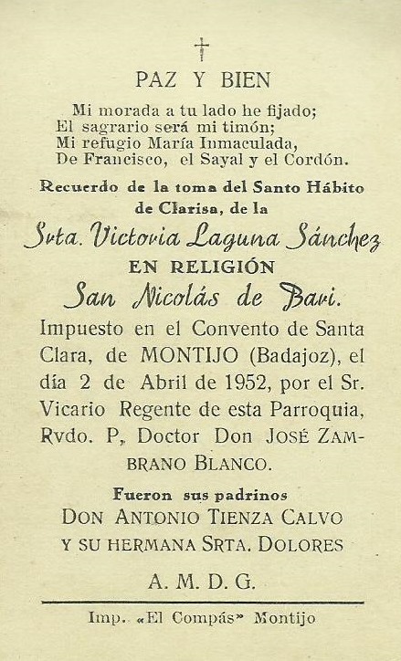 HA FALLECIDO SOR SAN NICOLÁS DE BARI, RELIGIOSA CLARISA (MAGACELA 1928 – MONTIJO 2019)