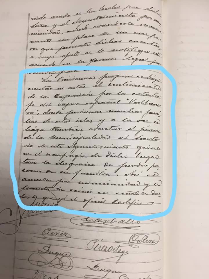 1919. CONDOLENCIA DE ARIDANE POR EL NAUFRAGIO DEL VALBANERA.