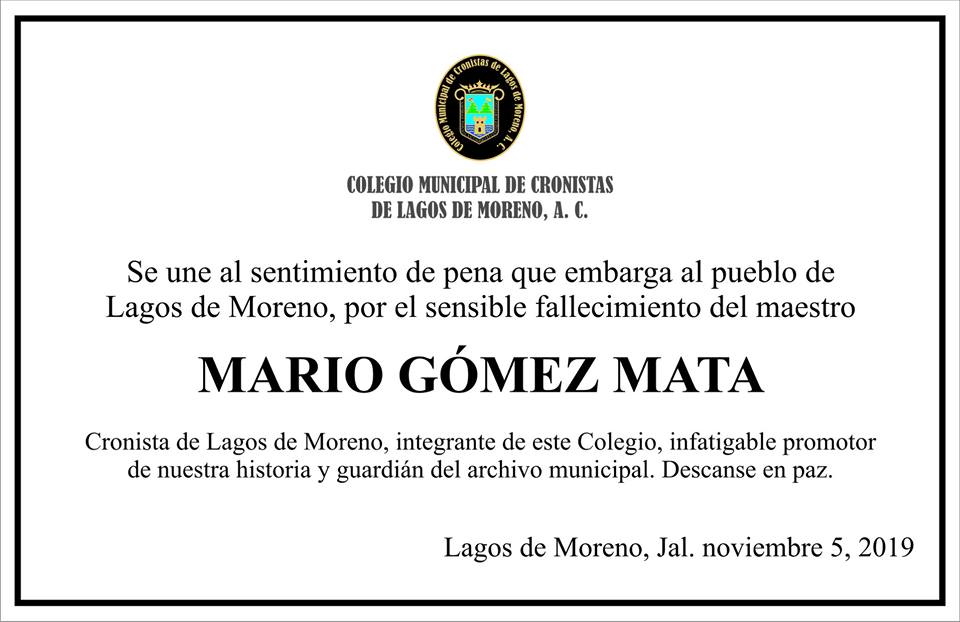 FALLECIMIENTO DE MARIO GÓMEZ MATA, CRONISTA DE LAGOS MORENO, JALISCO (MÉXICO)