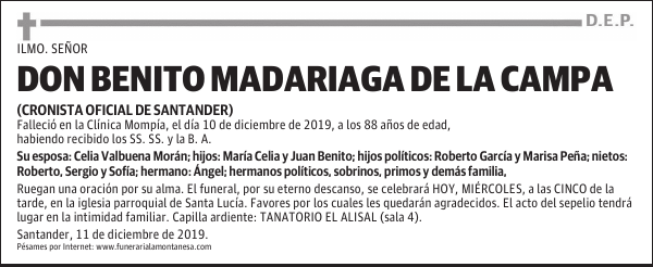 MUERE BENITO MADARIAGA DE LA CAMPA, CRONISTA OFICIAL DE SANTANDER