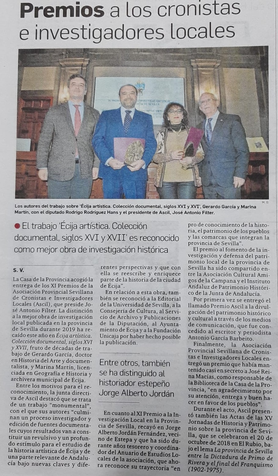 PREMIOS A LOS CRONISTAS E INVESTIGADORES LOCALES DE LA PROVINCIA DE SEVILLA