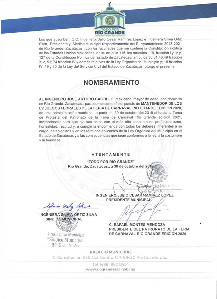 JOSÉ ARTURO CASTILLO RAMÍREZ, CRONISTA DE RÍO GRANDE, ZACATECAS (MÉXICO), NOMBRADO MANTENEDOR DE LOS LV JUEGOS FLORALES DE LA FERIA DE CARNAVAL DE RÍO GRANDE 2020