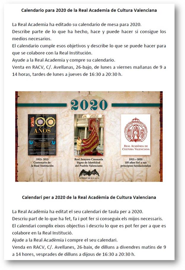 CALENDARIO PARA 2020 DE LA REAL ACADEMIA DE CULTURA VALENCIANA