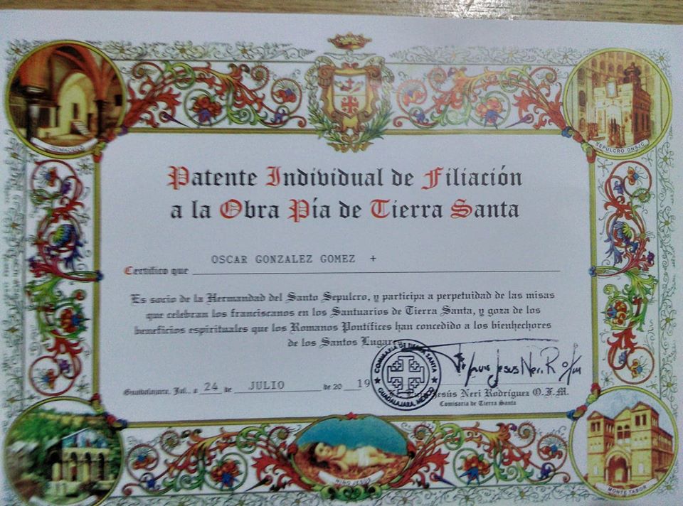PATENTE INDIVIDUAL DE FILIACIÓN A LA OBRA PÍA DE TIERRA SANTA