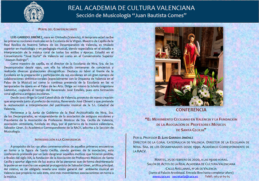 CONFERENCIA A CARGO DE LUIS GARRIDO GIMÉNEZ: “EL MOVIMIENTO CECILIANO EN VALENCIA Y LA FUNDACIÓN DE LA ASOCIACIÓN DE PROFESORES MÚSICOS DE SANTA CECILIA