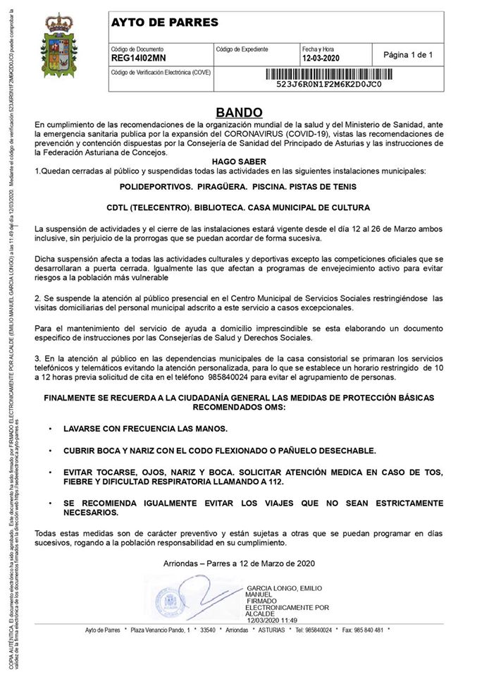 PRIMERAS MEDIDAS TOMADAS EN EL CONCEJO DE PARRES ANTE LA CRISIS PROVOCADA POR EL CORONAVIRUS