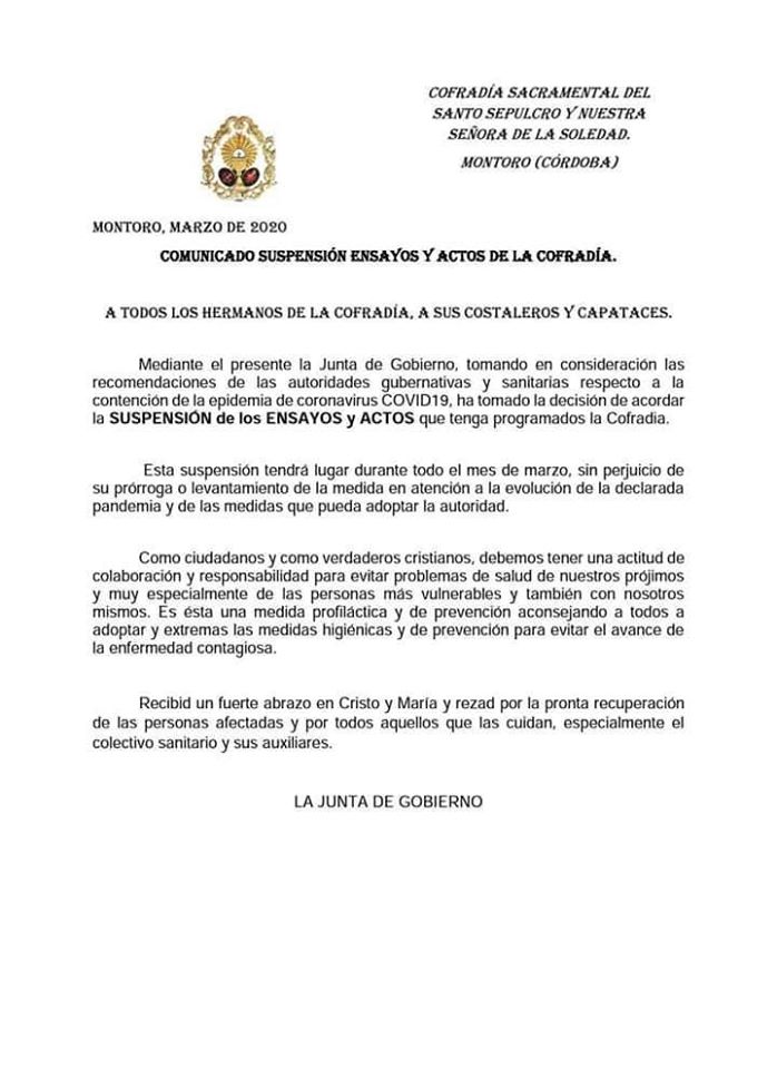 MEDIDAS EN MONTORO QUE AYUDEN A PALIAR, EN PARTE, LA PROPAGACIÓN DEL COVID19