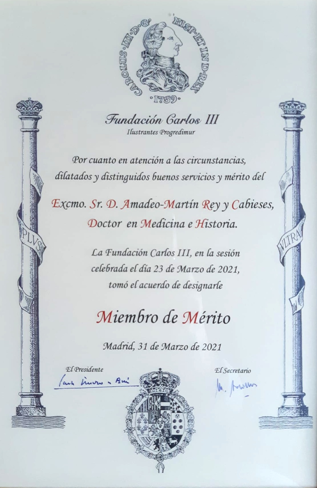 AMADEO REY CABIESES, MIEMBRO DE MÉRITO DE LA FUNDACIÓN CARLOS III