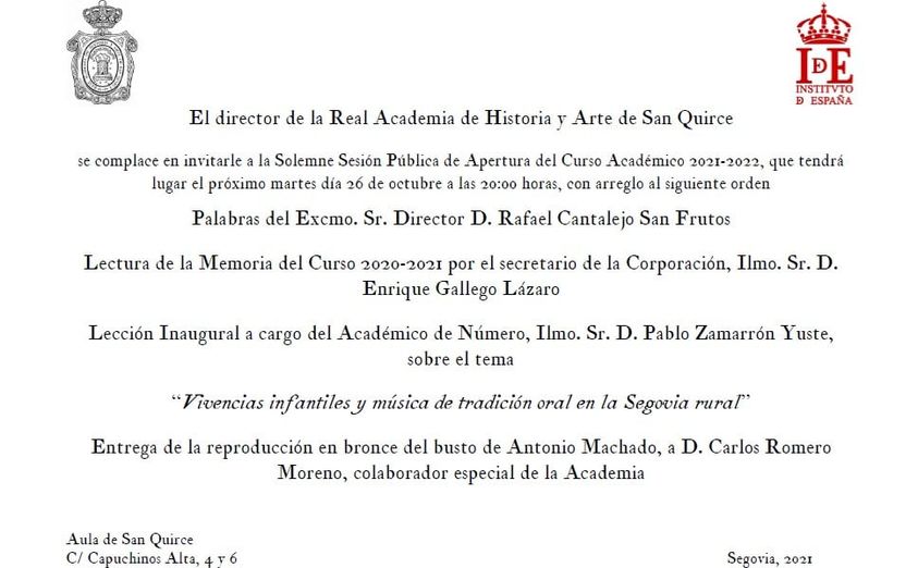 SALUDO FUENTEPIÑELANO-SEGOVIANO 2867 SESIÓN APERTURA CURSO 2021-2022 REAL ACADEMIA DE HISTORIA Y ARTE DE SAN QUIRCE