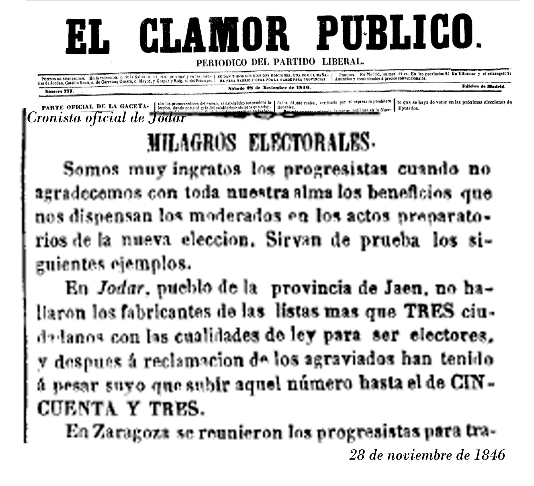 «MILAGRO» ELECTORAL EN JÓDAR (JAÉN) EN EL AÑO 1846.