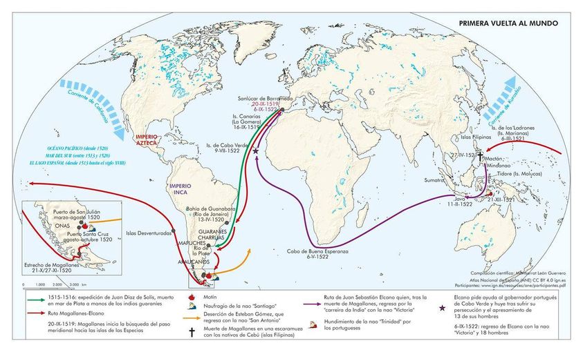 MAPA DE LA PRIMERA VUELTA AL MUNDO POR JUAN SEBASTIÁN ELCANO 1519-1522