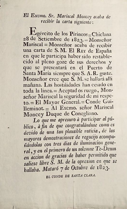 EFEMÉRIDES CARTA AL MARISCAL MONCEY TRAS LA LIBERACIÓN DE FERNANDO VII