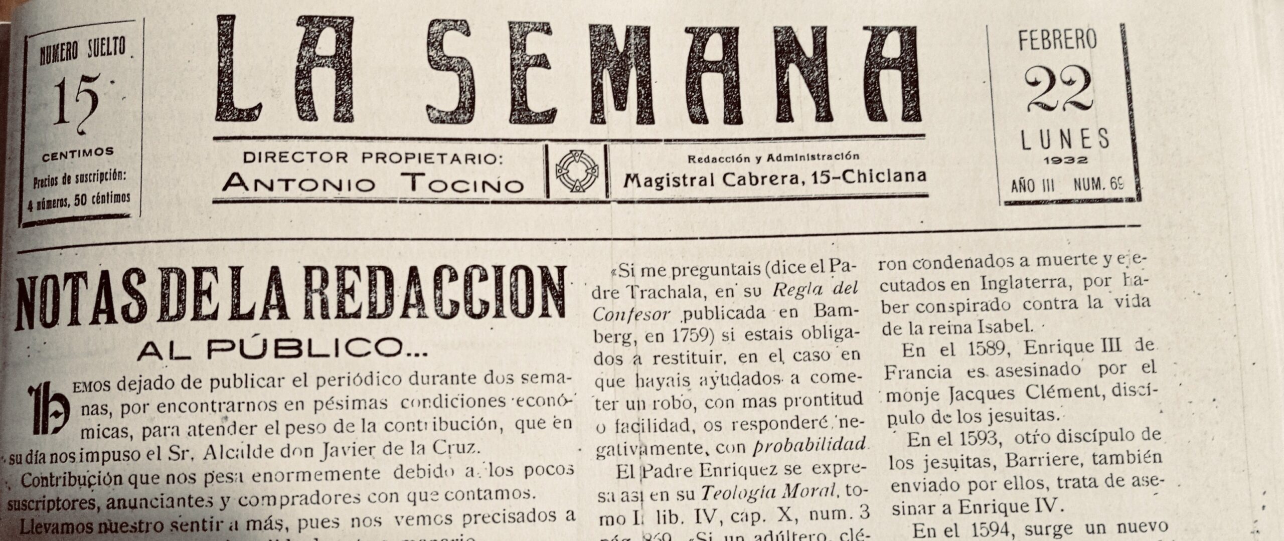 EFEMÉRIDES: EL ÚLTIMO NÚMERO DEL PERIÓDICO INDEPENDIENTE, «LA SEMANA»