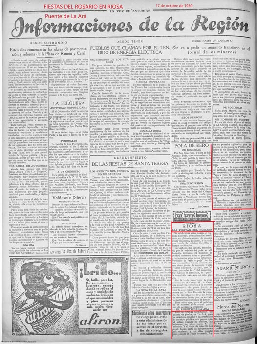 LAS FIESTAS DEL ROSARIO, EN RIOSA , EN 1930, EN EL «DIARIO LA VOZ DE ASTURIAS».