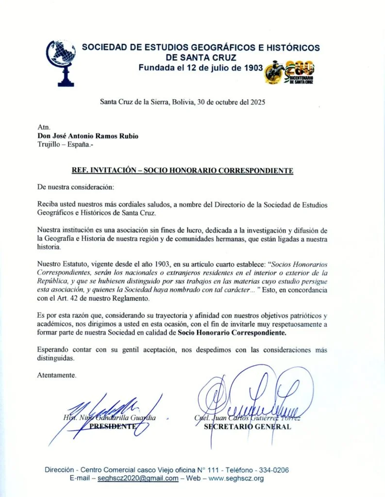 JOSÉ ANTONIO RAMOS RUBIO, NOMBRADO SOCIO HONORARIO EN LA SOCIEDAD DE ESTUDIOS GEOGRÁFICOS E HISTÓRICOS DE SANTA CRUZ DE LA SIERRA (BOLIVIA)