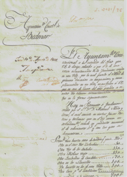 LA ESCUELA EN BEDMAR A COMIENZOS DEL SIGLO XIX.