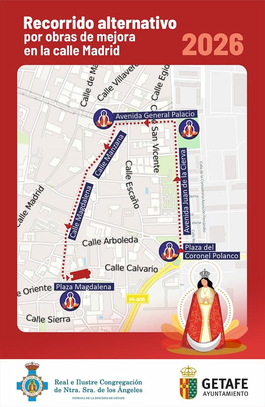 RECORRIDO DE LA PROCESIÓN DE NUESTRA SEÑORA DE LOS ÁNGELES, EL DÍA 14 DE MAYO,  DESDE LA PUERTA DE LA BASE AÉREA DE GETAFE HASTA LA CATEDRAL DE LA MAGDALENA.
