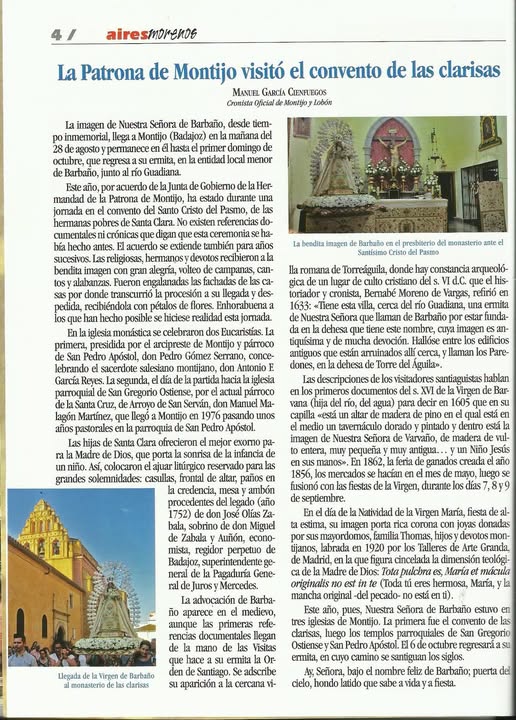 LA PRIMERA VISITA DE LA PATRONA DE MONTIJO AL CONVENTO DE LAS CLARISAS (AÑO 2019)