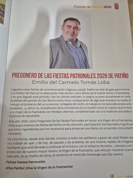 PREGONERO 2026 DE LAS FIESTAS PATRONALES DE NTRA.SRA. DE LA FUENSANTA DE PATIÑO