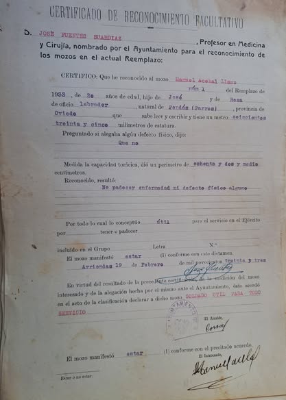 CERTIFICADOS DE RECONOCIMIENTO FACULTATIVO DE LOS CASI UN CENTENAR DE MOZOS DE PARRES DE 20 AÑOS DE EDAD DEL REEMPLAZO DE 1933.