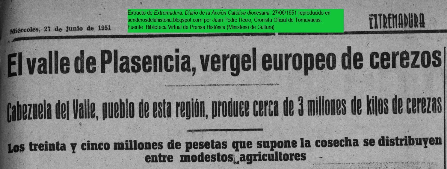 HISTORIAS DE LA CEREZA EN EL JERTE (IV): LA DESTACADA PRODUCCIÓN DE CEREZA EN CABEZUELA DEL VALLE. AÑO DE 1951.