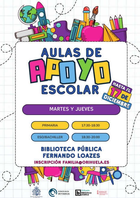 ORIHUELA, EVENTO: AULAS DE APOYO ESCOLAR PARA PRIMARIA, DENTRO DE LOS ACTOS DE LA BIBLIOTECA PÚBLICA Y ARCHIVO HISTÓRICO ‘FERNANDO DE LOAZES’